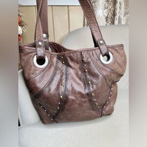 Vintage Fossil Brown Leather Bronze Chrome Studded Hobo Shoulder Handbag